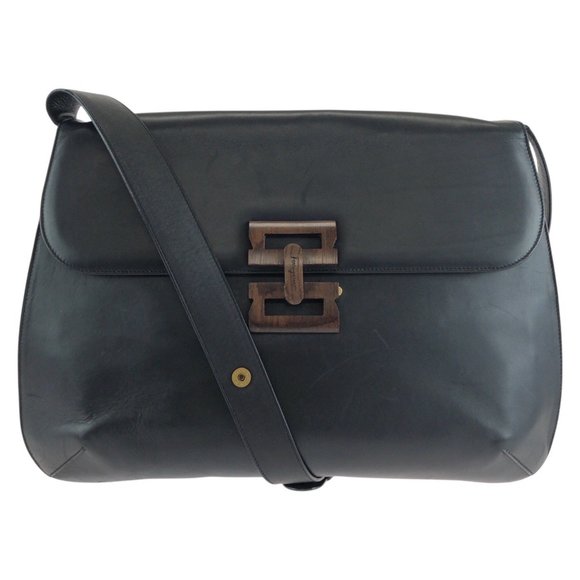 SALVATORE FERRAGAMO Handbags - Salvatore Ferragamo Black Gold Hardware Leather Wood Shoulder Bag Messenger W...